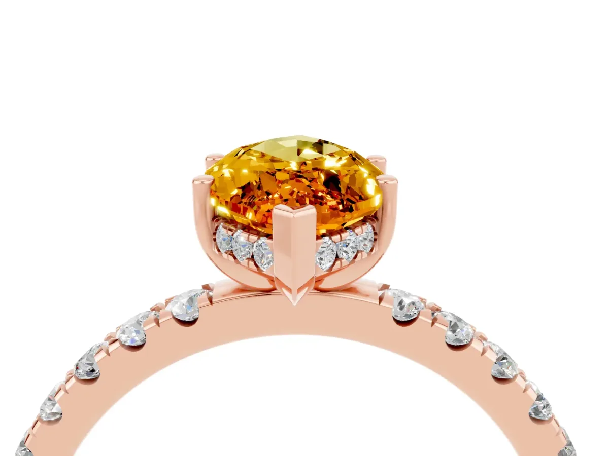 Marquise Cut Citrine Pave Band Solitaire Ring with Round and Prong Setting Rose gold