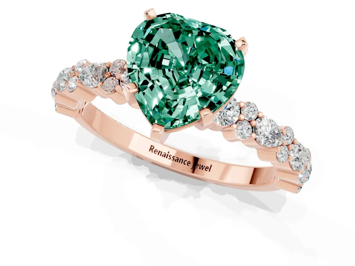 Heart Cut Green Sapphire Side Stone Solitaire Ring with Round and Four-Prong Setting Rose gold