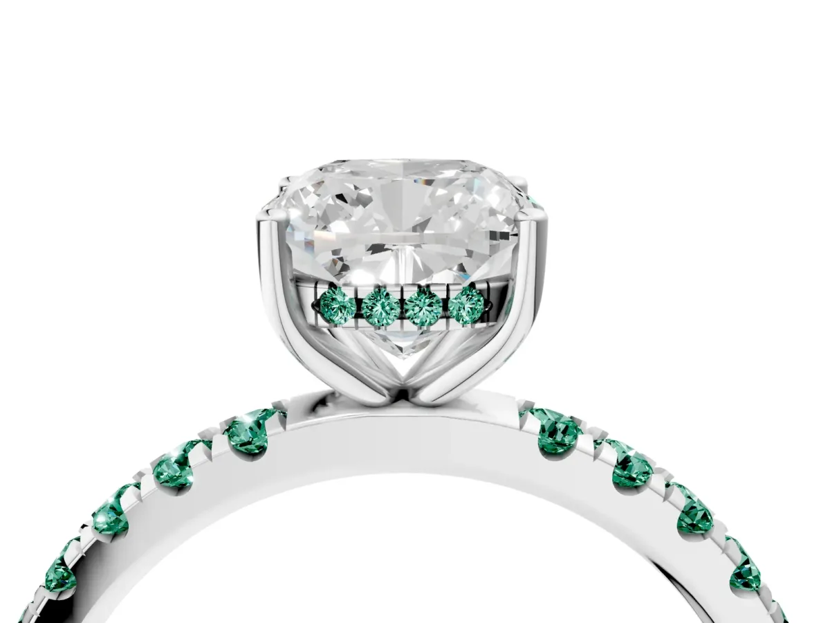 Cushion Cut Diamond Pave Band Solitaire Ring with Round Green Sapphire and Prong Setting Platinum