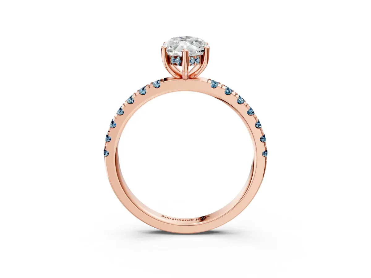 Marquise Cut Diamond Pave Band Solitaire Ring with Round Aquamarine and Prong Setting Rose gold