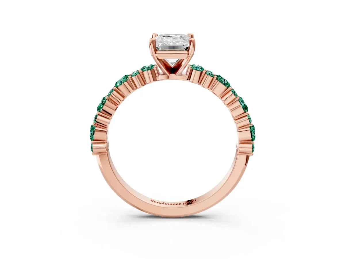 Emerald Cut Diamond Side Stone Solitaire Ring with Round Green Sapphire and Four-Prong Setting Rose gold