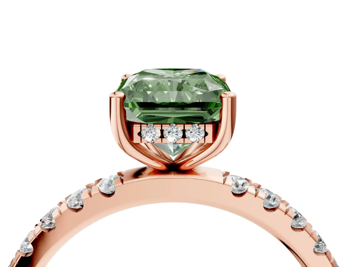 Fancy Green Radiant Cut Diamond Pave Band Solitaire Ring with Round and Prong Setting Rose gold