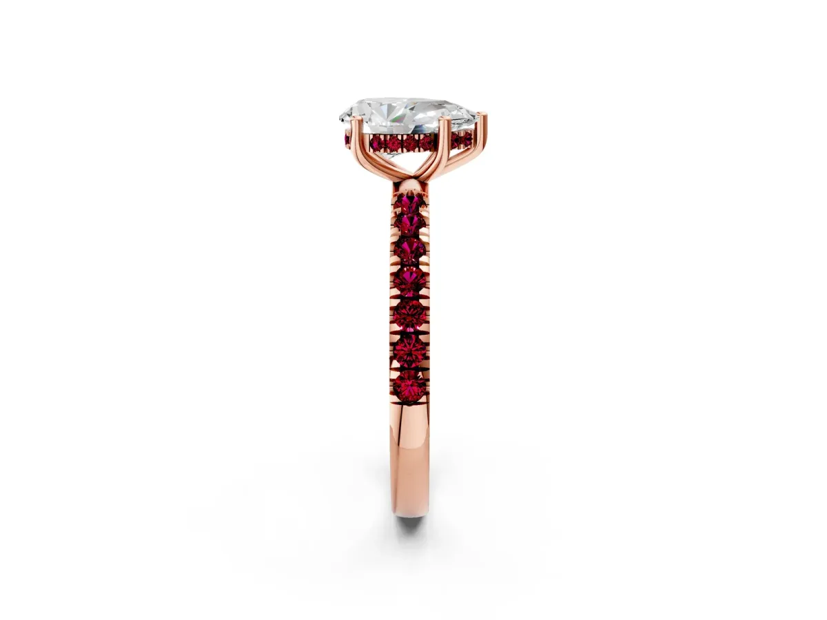 Pear Cut Diamond Pave Band Solitaire Ring with Round Garnet and Prong Setting Rose gold