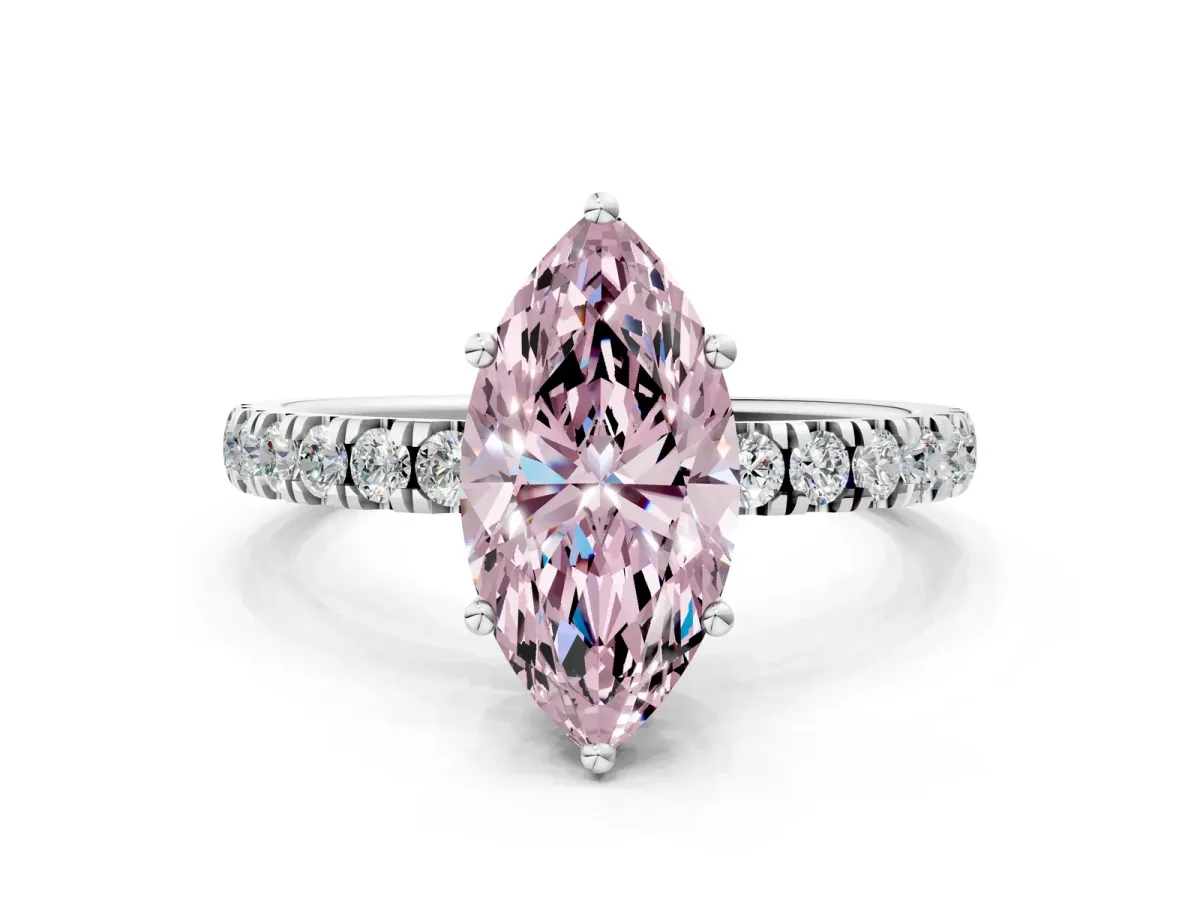 Fancy Pink Marquise Cut Diamond Pave Band Solitaire Ring with Round and Prong Setting Silver