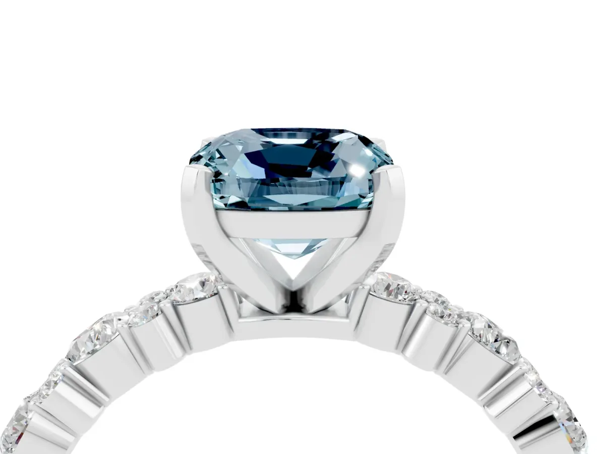 Cushion Cut Aquamarine Side Stone Solitaire Ring with Round and Four-Prong Setting White gold