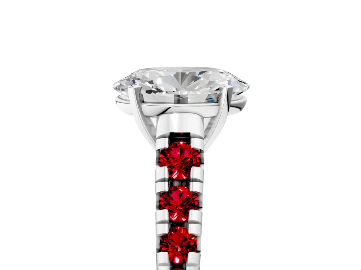 Oval Cut Diamond Cathedral Solitaire Ring with Round Ruby Pavé Band Platinum