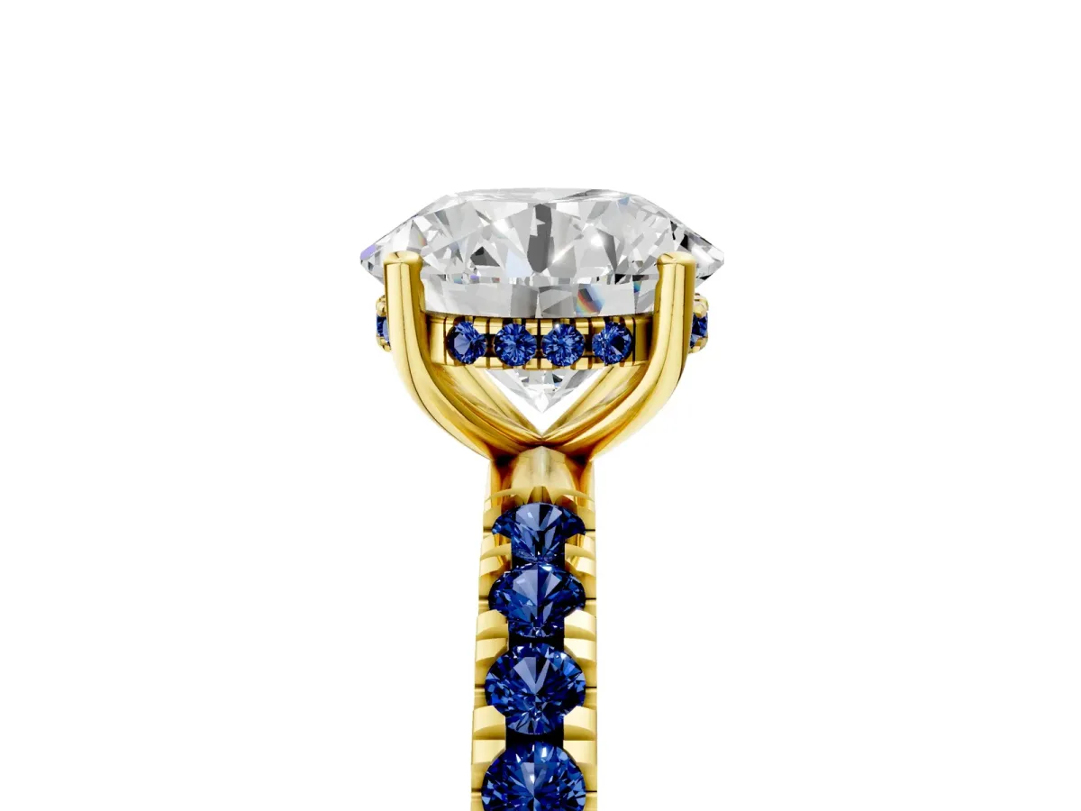 Round Cut Diamond Pave Band Solitaire Ring with Round Blue Sapphire and Prong Setting Yellow gold