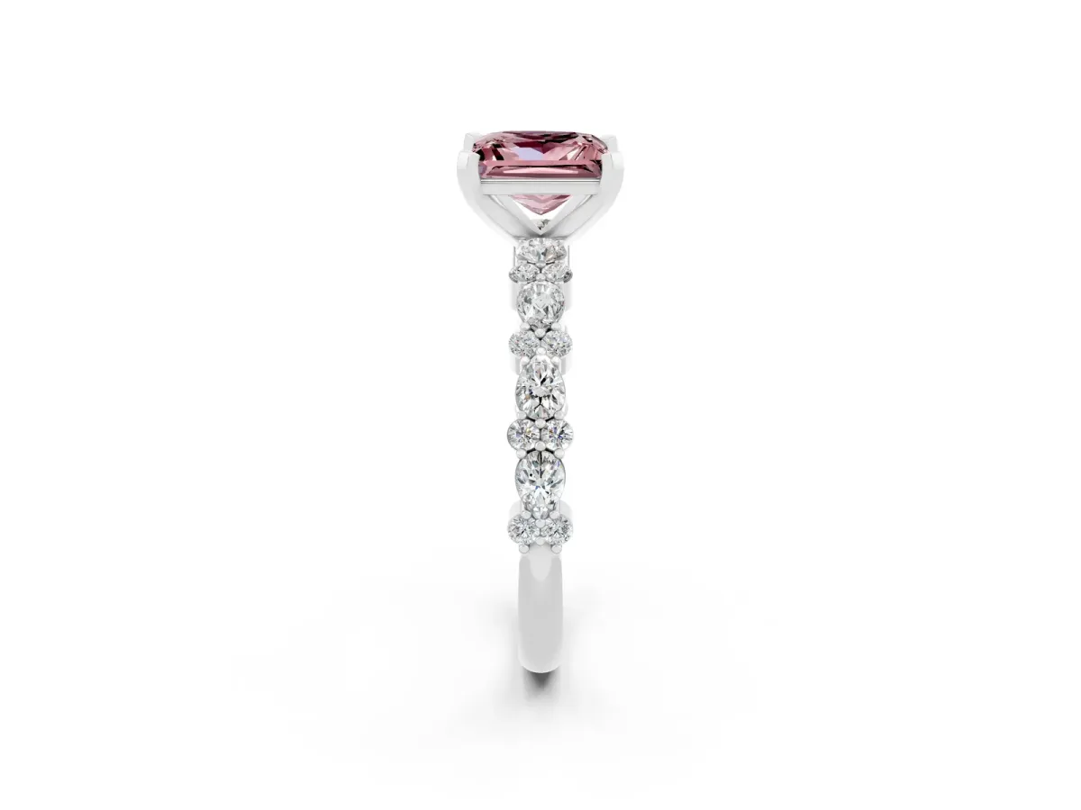 Princess Cut Morganite Side Stone Solitaire Ring with Round and Four-Prong Setting Silver