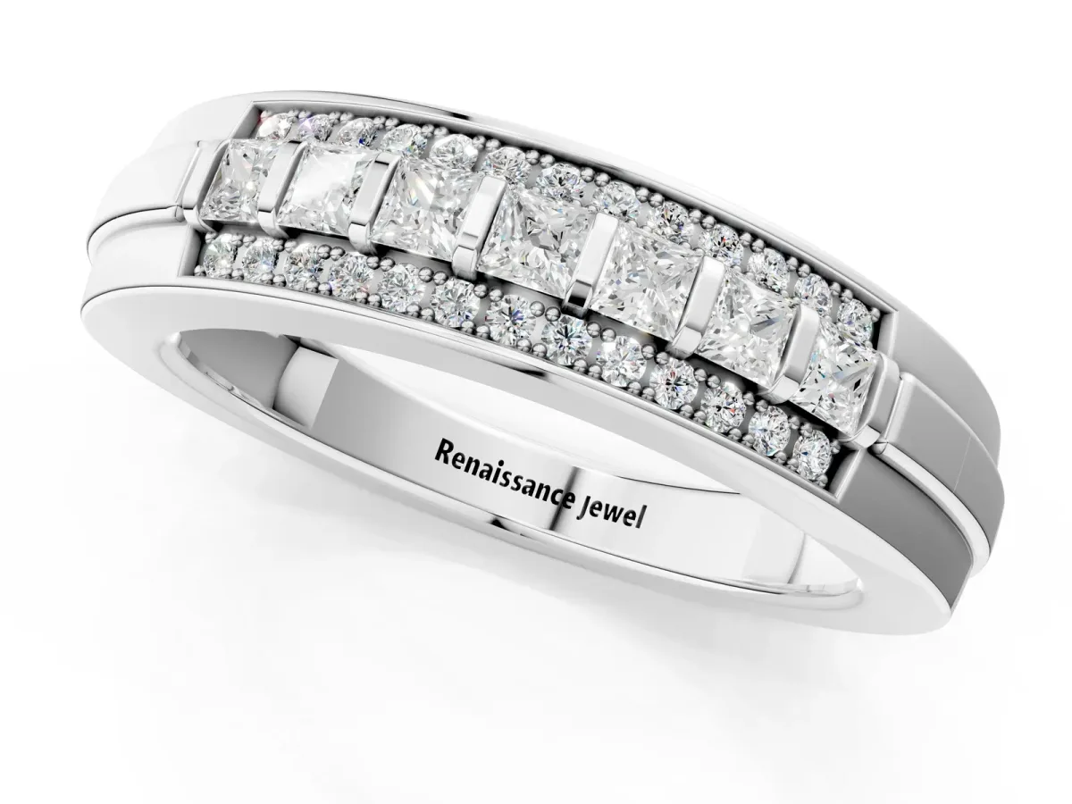 Bar-Set Princess Cut Diamond Pavé Band White gold
