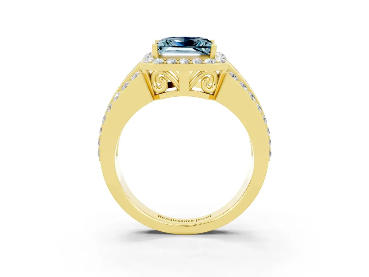 Princess Cut Halo Aquamarine Ring with Round Split Shank and Prong Setting Yellow gold