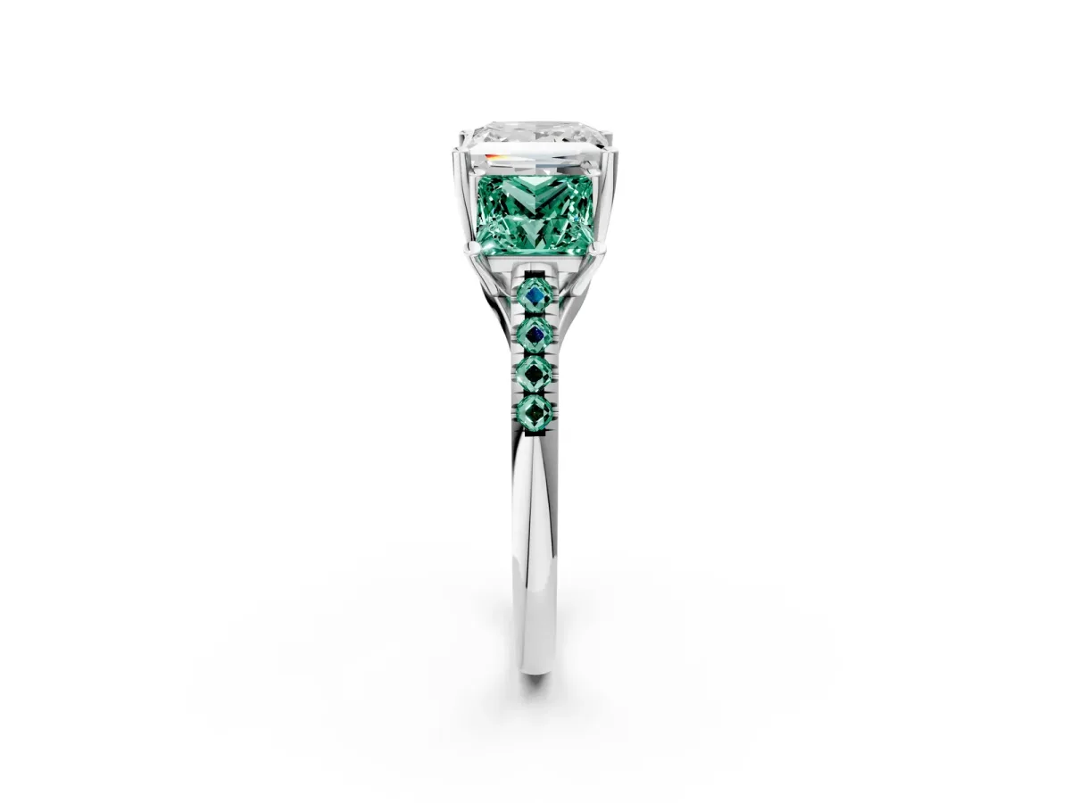 Three-Stone Princess Cut Diamond Ring with Round Green Sapphire Pavé Band and Prong Setting Silver