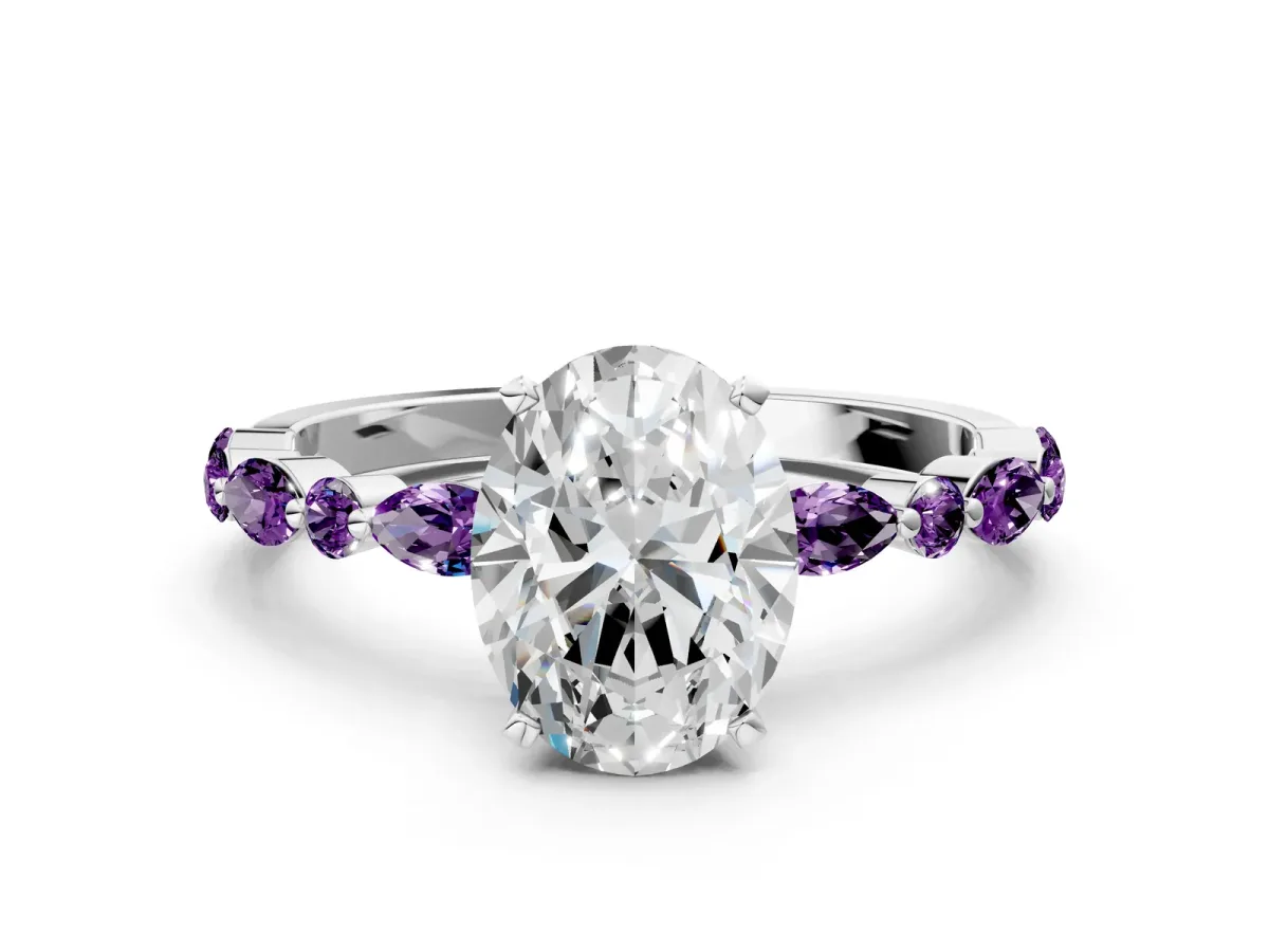 Oval Cut Diamond Ring with Marquise and Round Amethyst Side Stones and Four-Prong Setting Silver