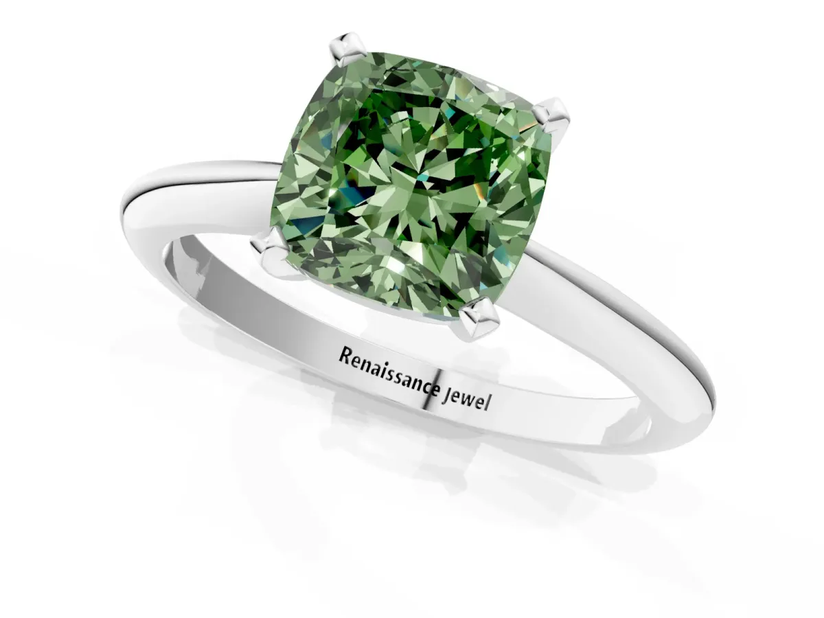 Fancy Green Cushion Cut Diamond Solitaire Engagement Ring with Classic Band and Four-Prong Setting Silver