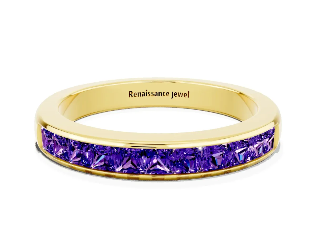Channel Set Princess Cut Tanzanite Eternity Band Yellow gold