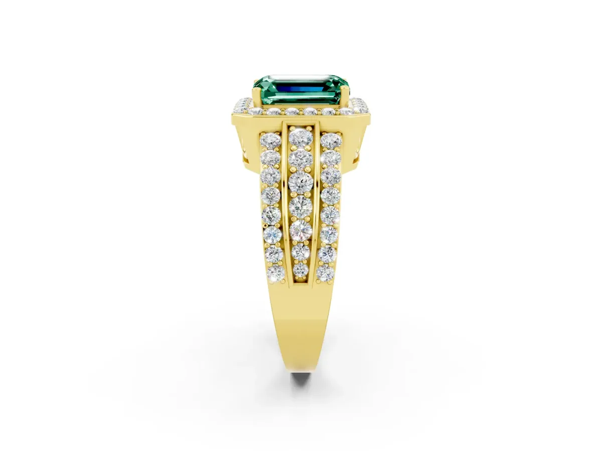 Emerald Cut Halo Green Sapphire Ring with Round Split Shank and Prong Setting Yellow gold