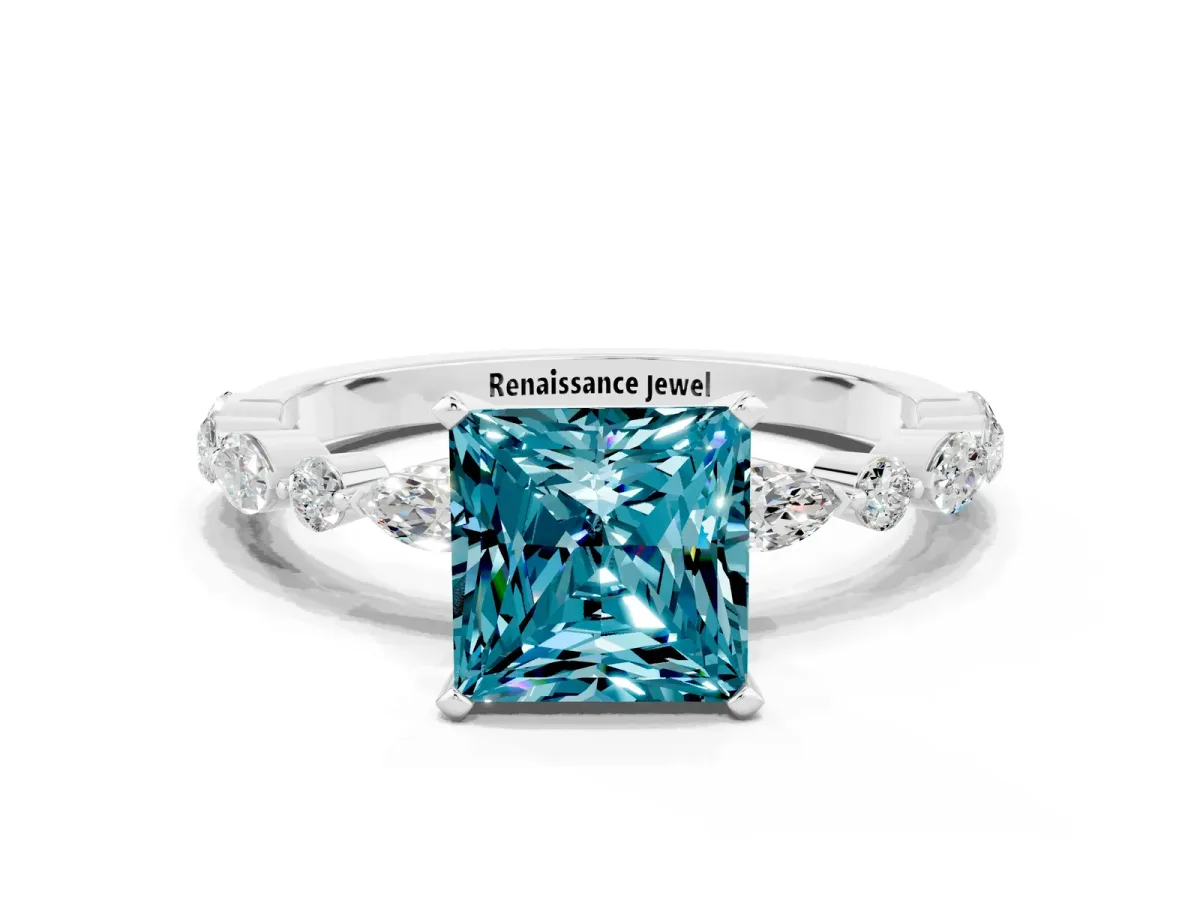 Princess Cut Blue Topaz Ring with Marquise and Round Side Stones and Four-Prong Setting Silver