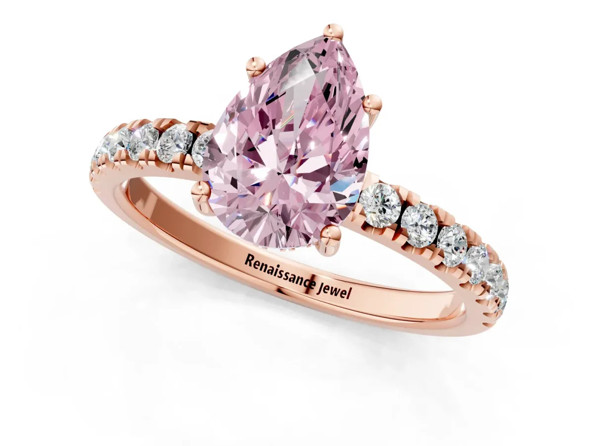 Fancy Pink Pear Cut Diamond Pave Band Solitaire Ring with Round and Prong Setting Rose gold
