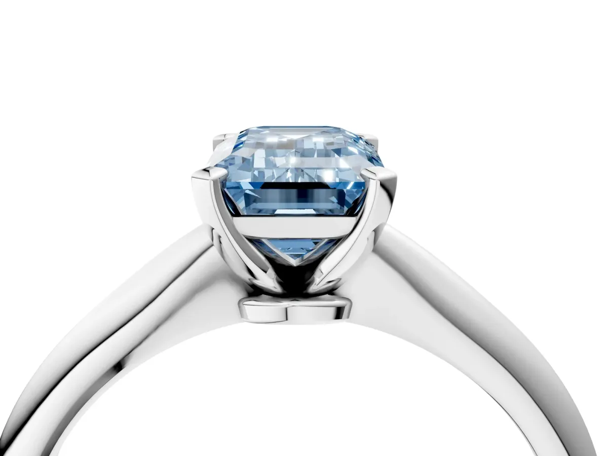 Fancy Blue Emerald Cut Diamond Solitaire Engagement Ring with Classic Band and Four-Prong Setting White gold