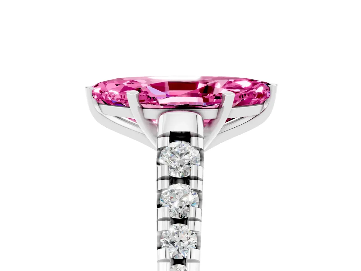 Marquise Cut Pink Sapphire Cathedral Solitaire Ring with Round Pavé Band Platinum