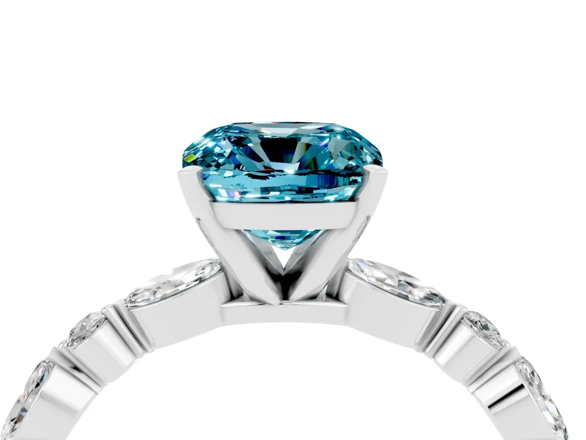 Cushion Cut Blue Topaz Ring with Marquise and Round Side Stones and Four-Prong Setting Silver