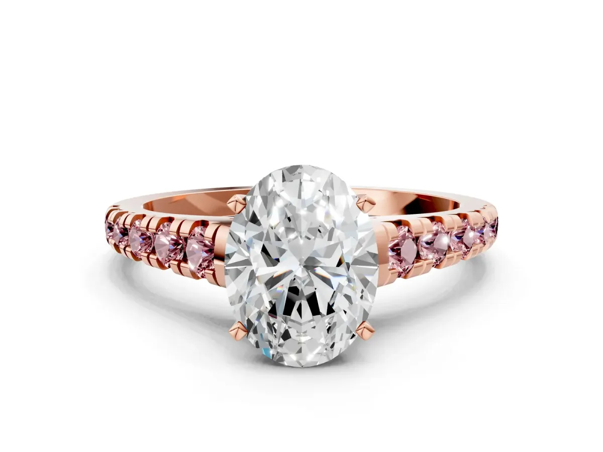 Oval Cut Diamond Cathedral Solitaire Ring with Round Morganite Pavé Band Rose gold