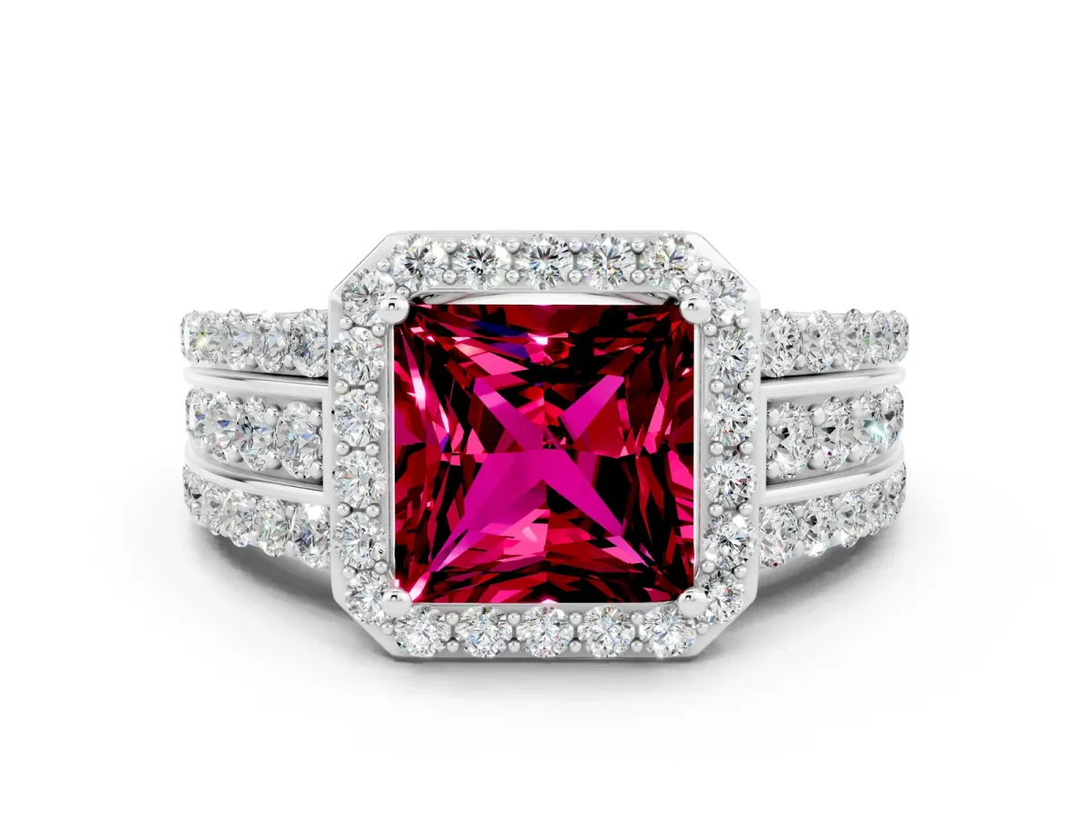 Princess Cut Halo Garnet Ring with Round Split Shank and Prong Setting Silver