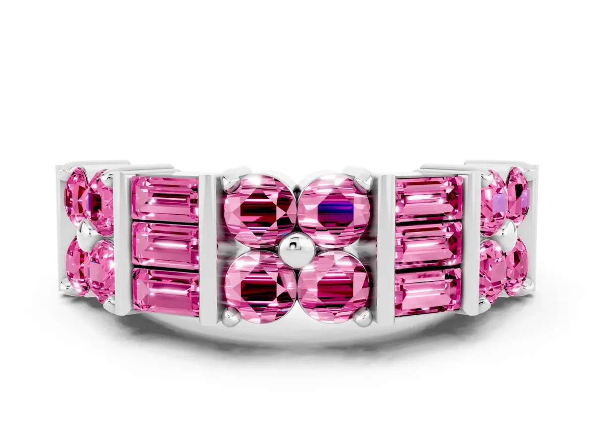 Channel Set Round and Baguette Pink Sapphire Anniversary Band with Prong Setting Silver