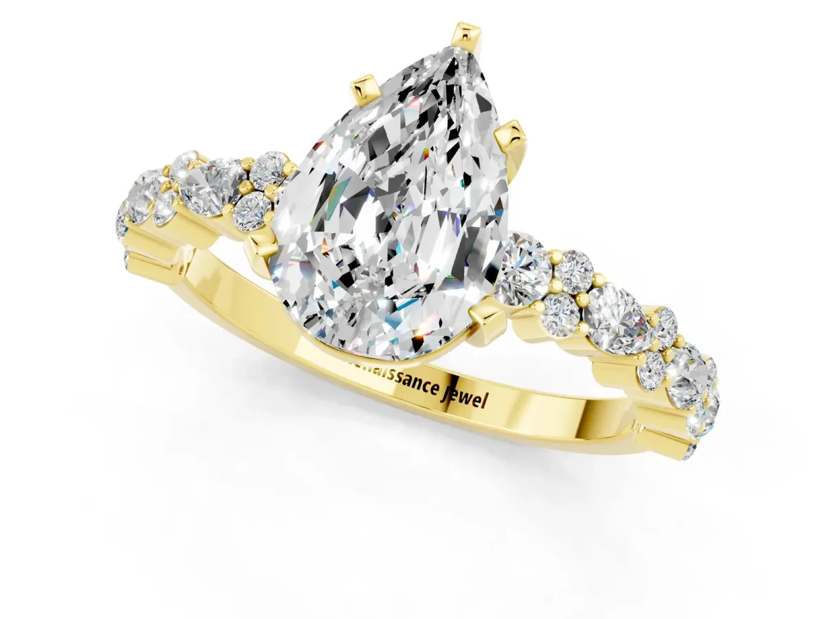 Pear Cut Moissanite Side Stone Solitaire Ring with Round and Four-Prong Setting Yellow gold