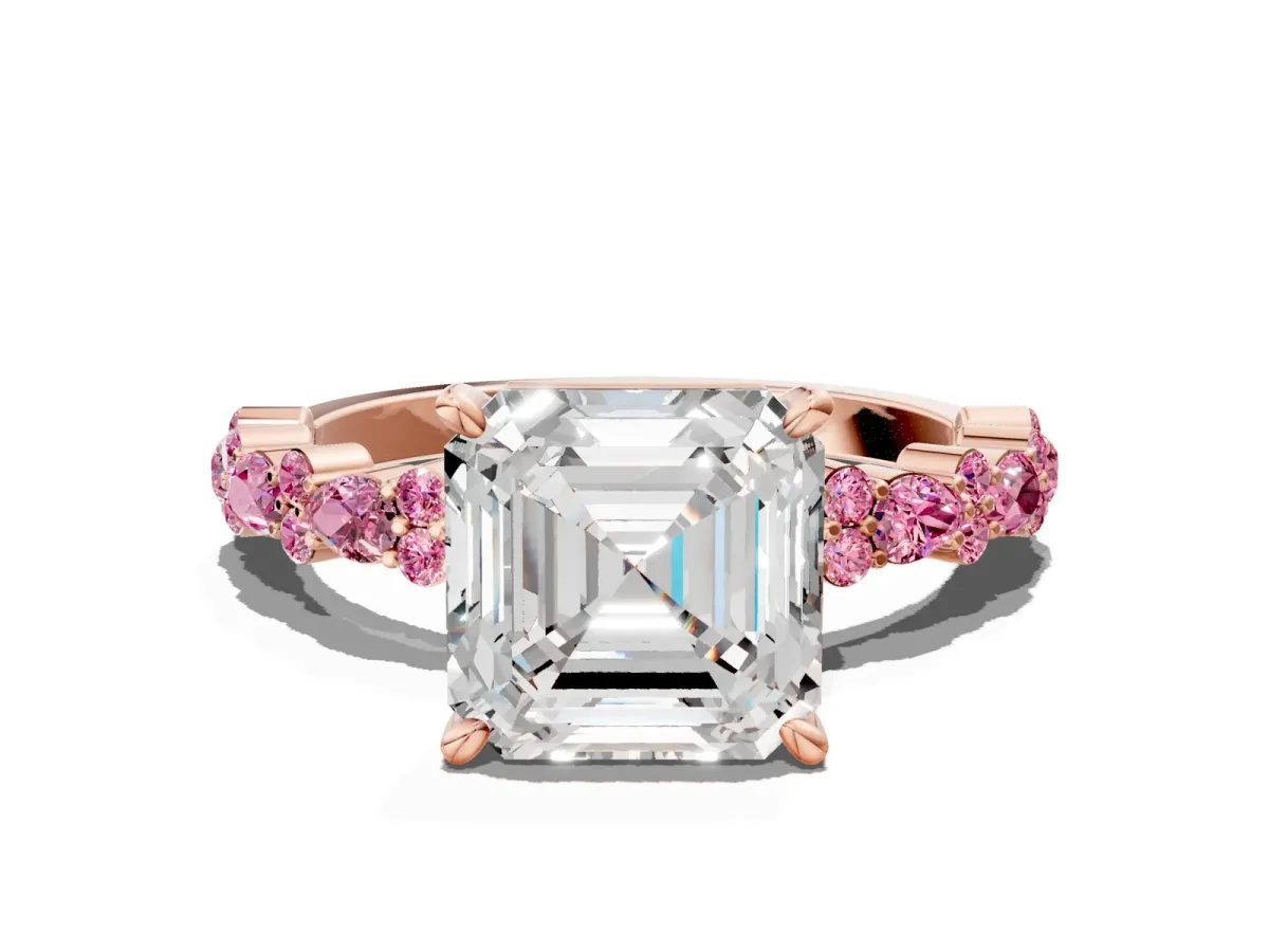 Asscher Cut Diamond Side Stone Solitaire Ring with Round Pink Sapphire and Four-Prong Setting Rose gold
