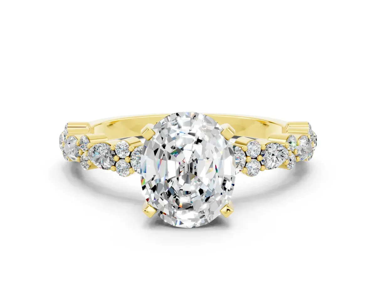 Oval Cut Moissanite Side Stone Solitaire Ring with Round and Four-Prong Setting Yellow gold