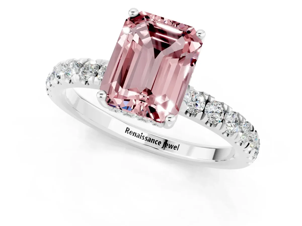 Emerald Cut Morganite Pave Band Solitaire Ring with Round and Prong Setting Platinum