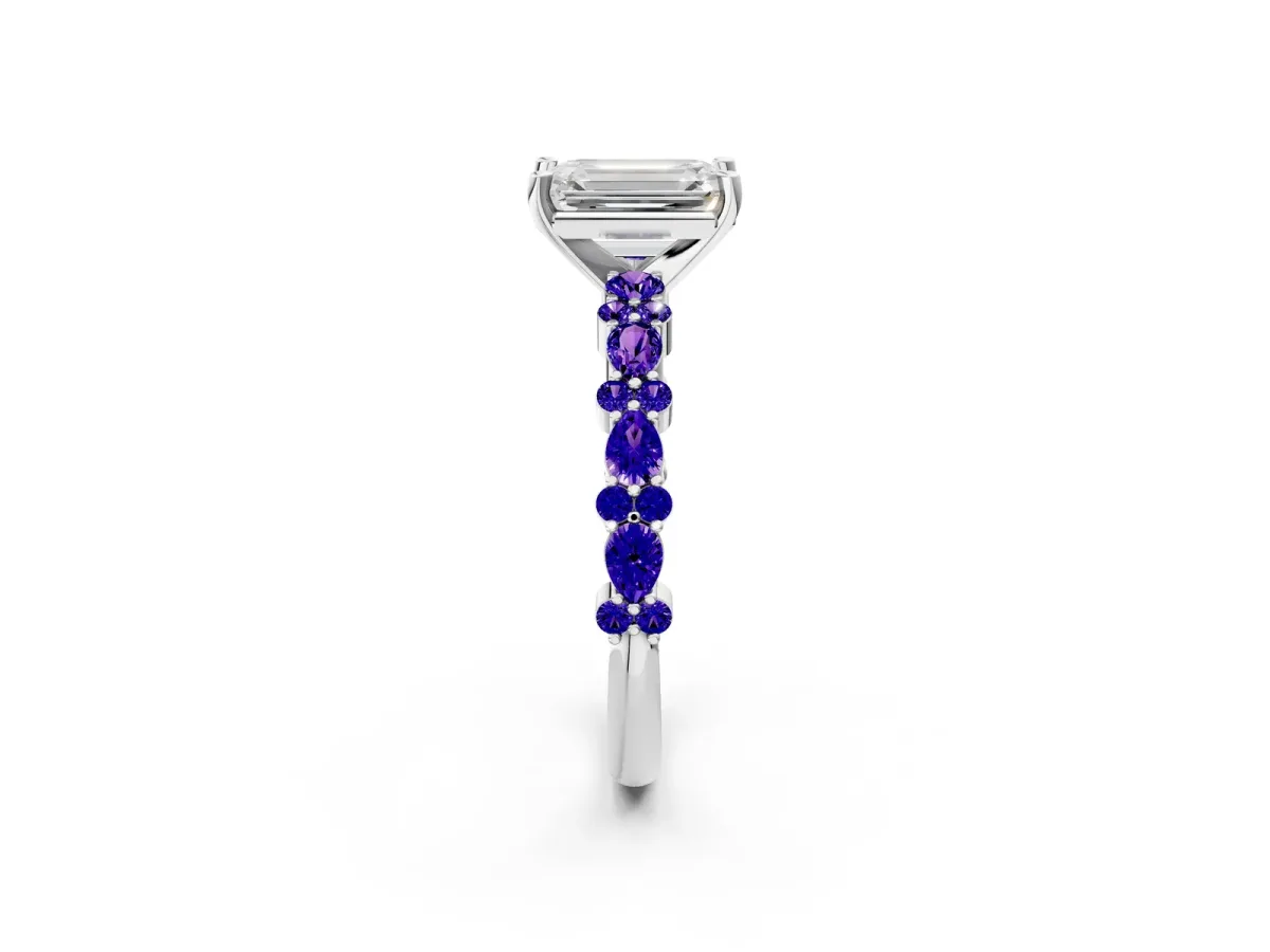 Emerald Cut Diamond Side Stone Solitaire Ring with Round Tanzanite and Four-Prong Setting White gold
