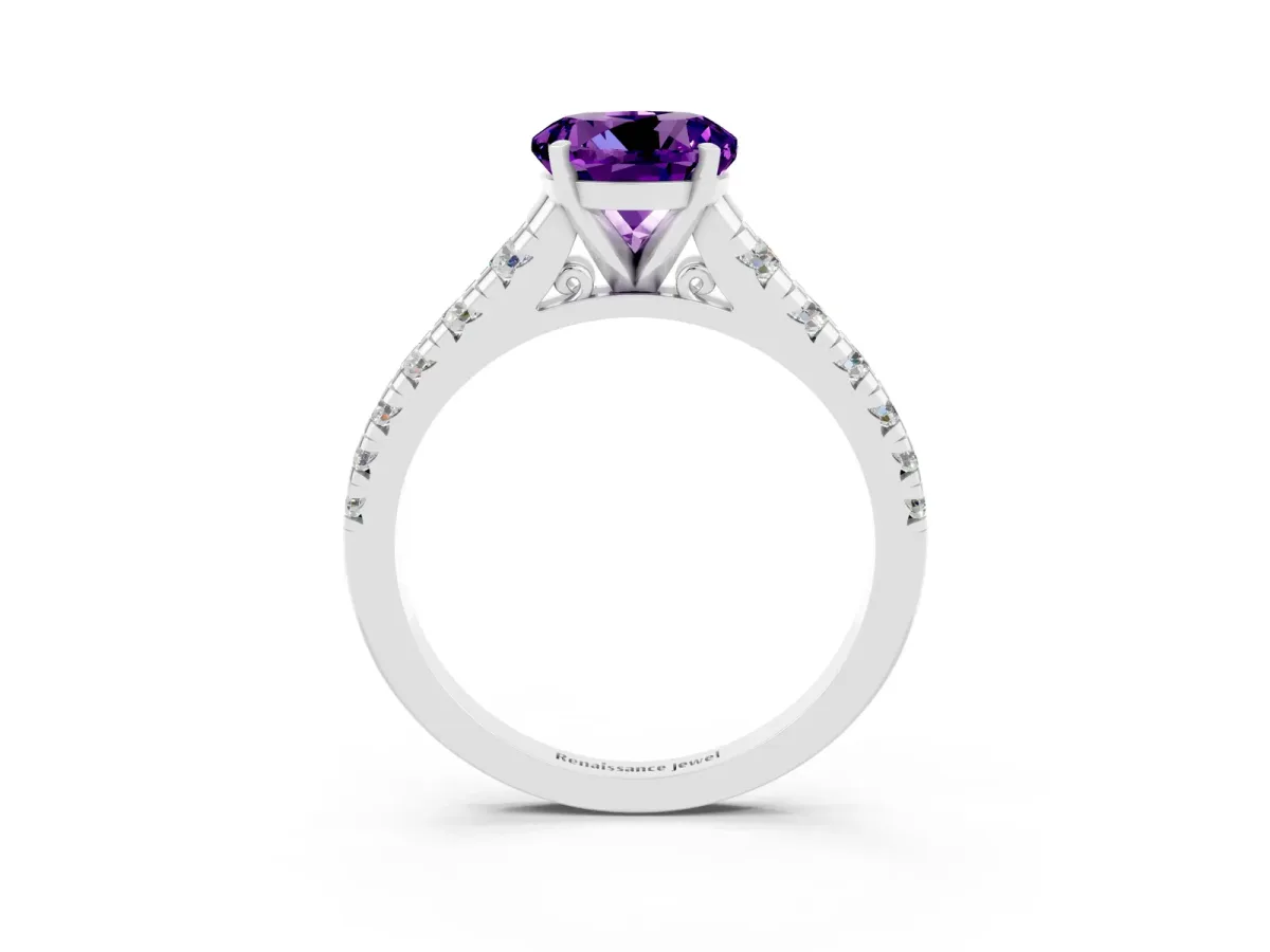 Round Cut Amethyst Cathedral Solitaire Ring with Round Pavé Band White gold