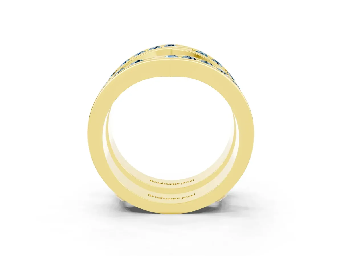 Round Aquamarine Channel-Set Chevron Band Yellow gold
