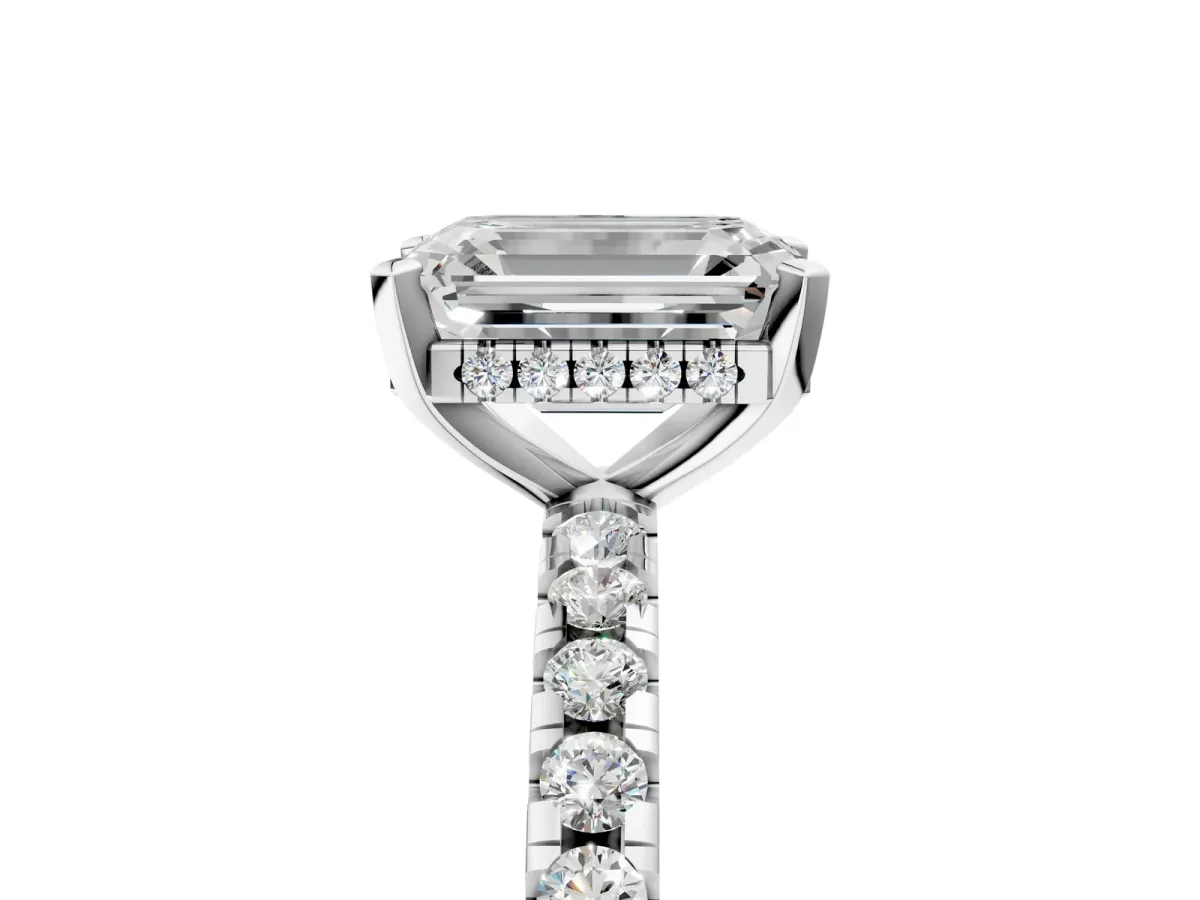 Emerald Cut Diamond Solitaire Ring with Round Pavé Band and Four-Prong Setting Platinum