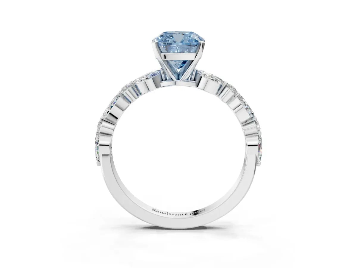 Fancy Blue Cushion Cut Diamond Ring with Marquise and Round Side Stones and Four-Prong Setting Platinum