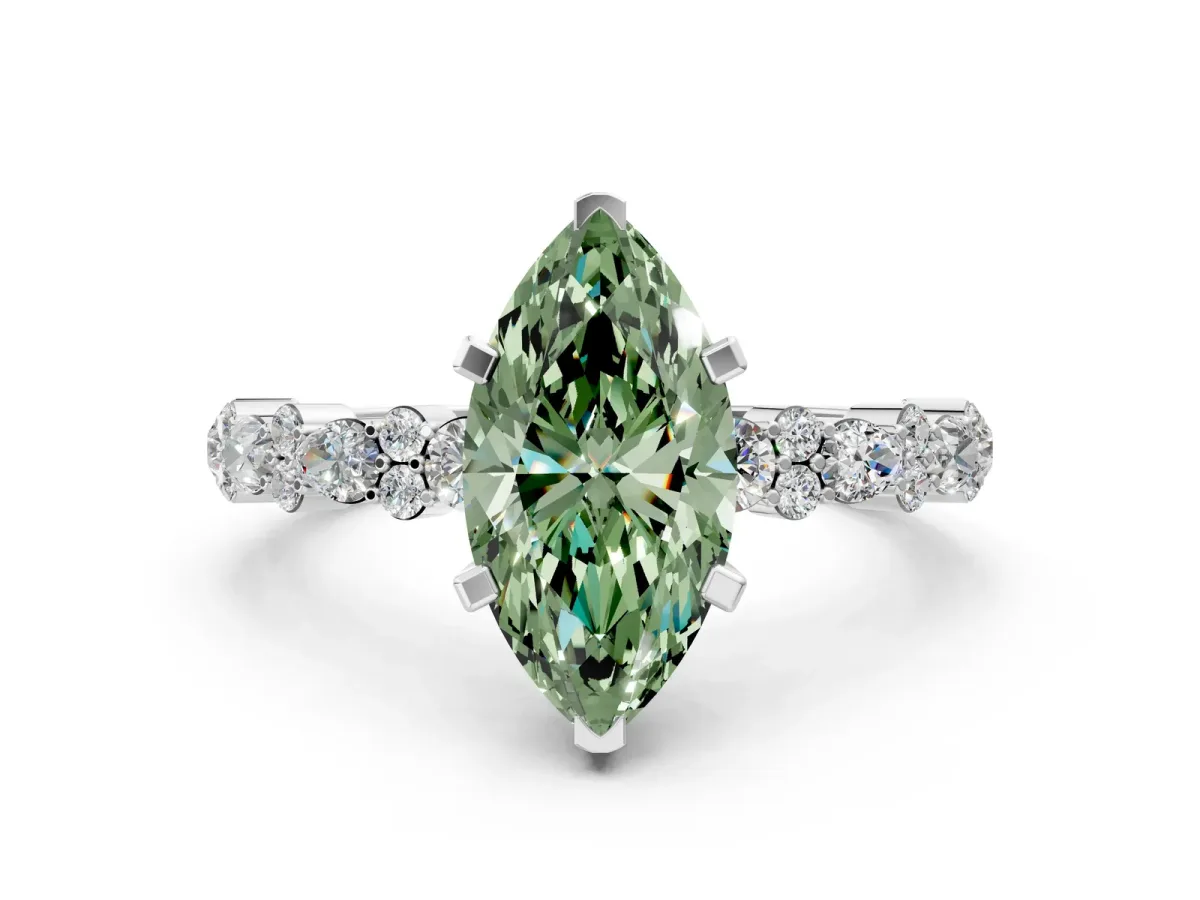 Fancy Green Marquise Cut Diamond Side Stone Solitaire Ring with Round and Four-Prong Setting White gold