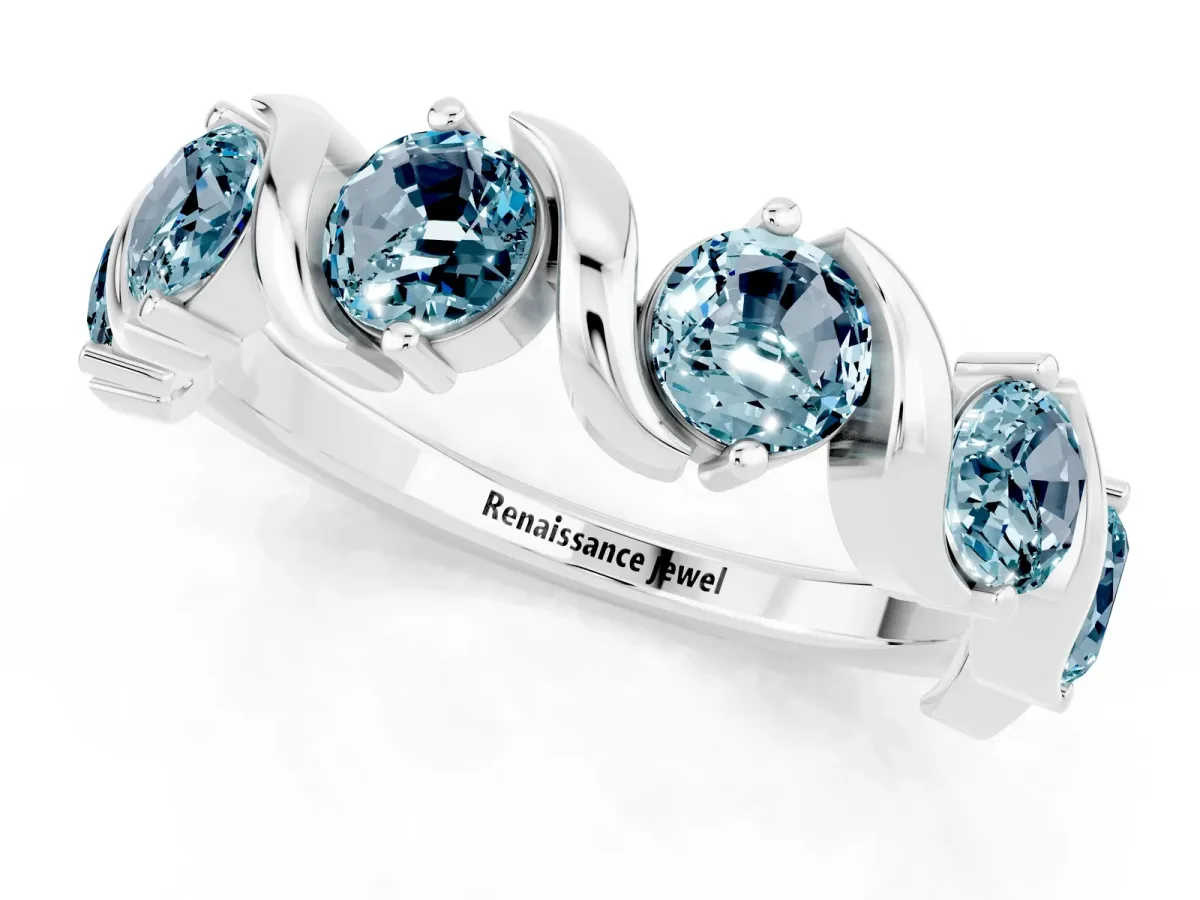 Round Aquamarine Half Eternity Band with Wave Prong Setting White gold