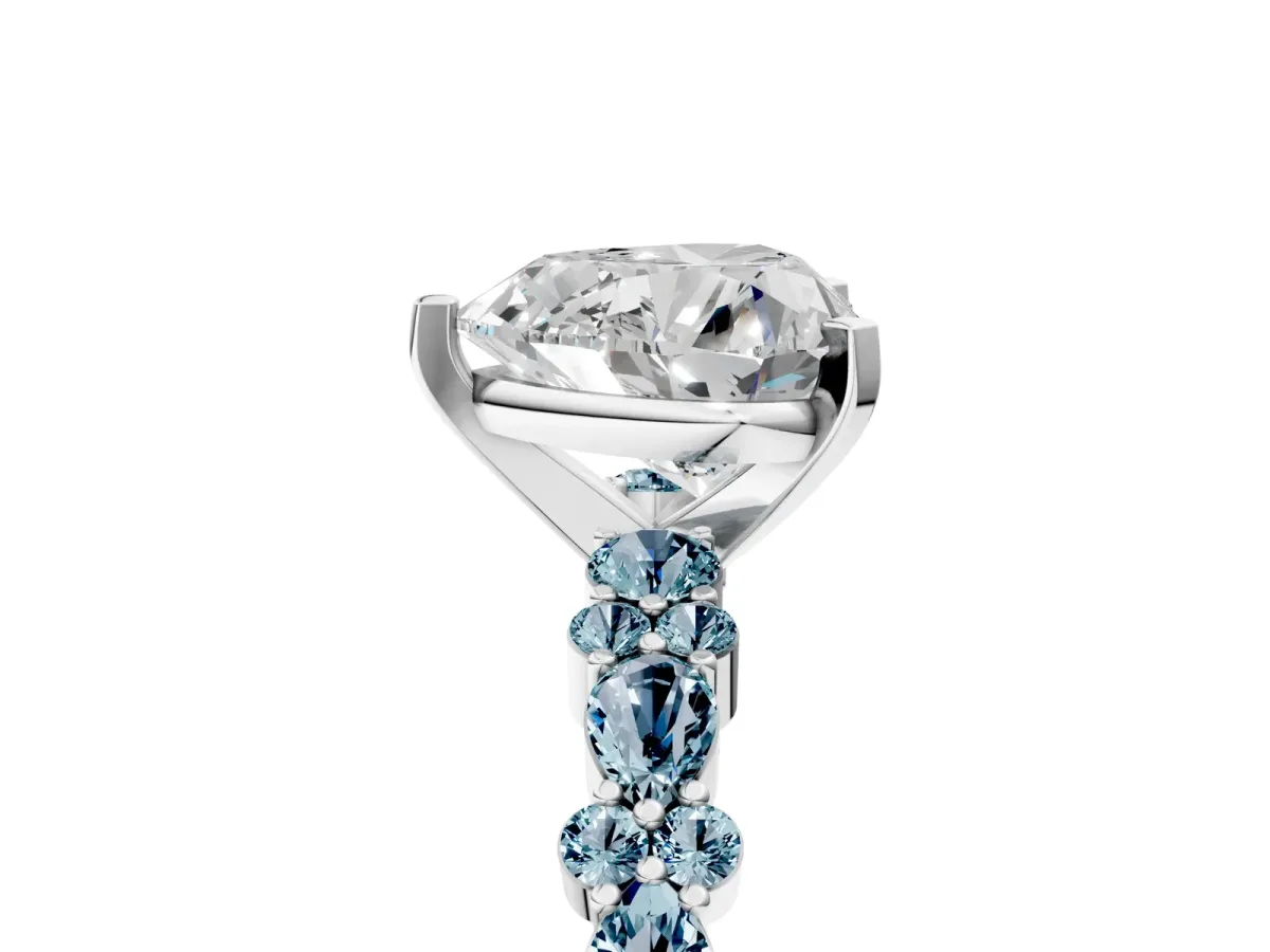 Heart Cut Diamond Side Stone Solitaire Ring with Round Aquamarine and Four-Prong Setting Platinum