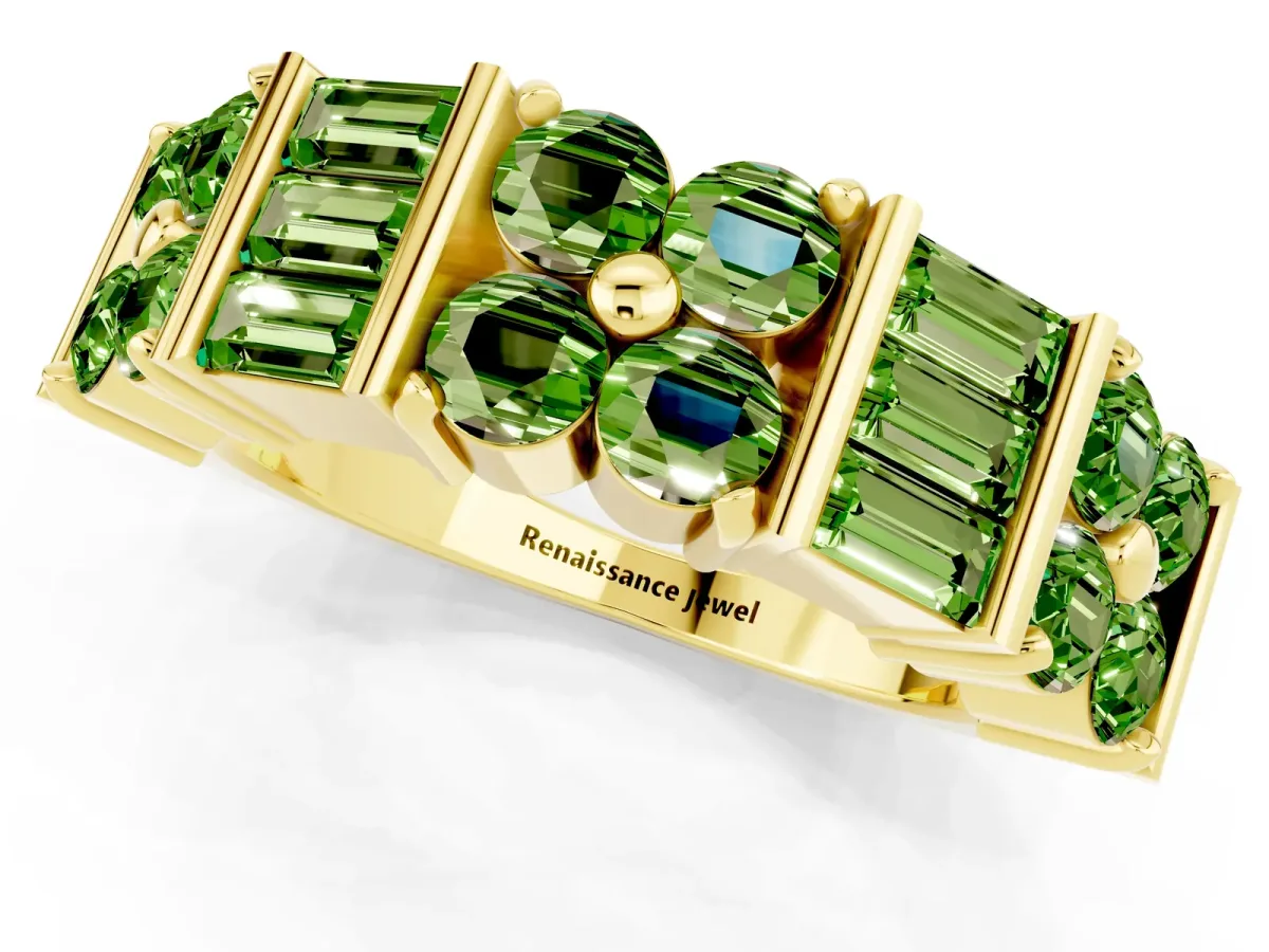 Channel Set Round and Baguette Peridot Anniversary Band with Prong Setting Yellow gold