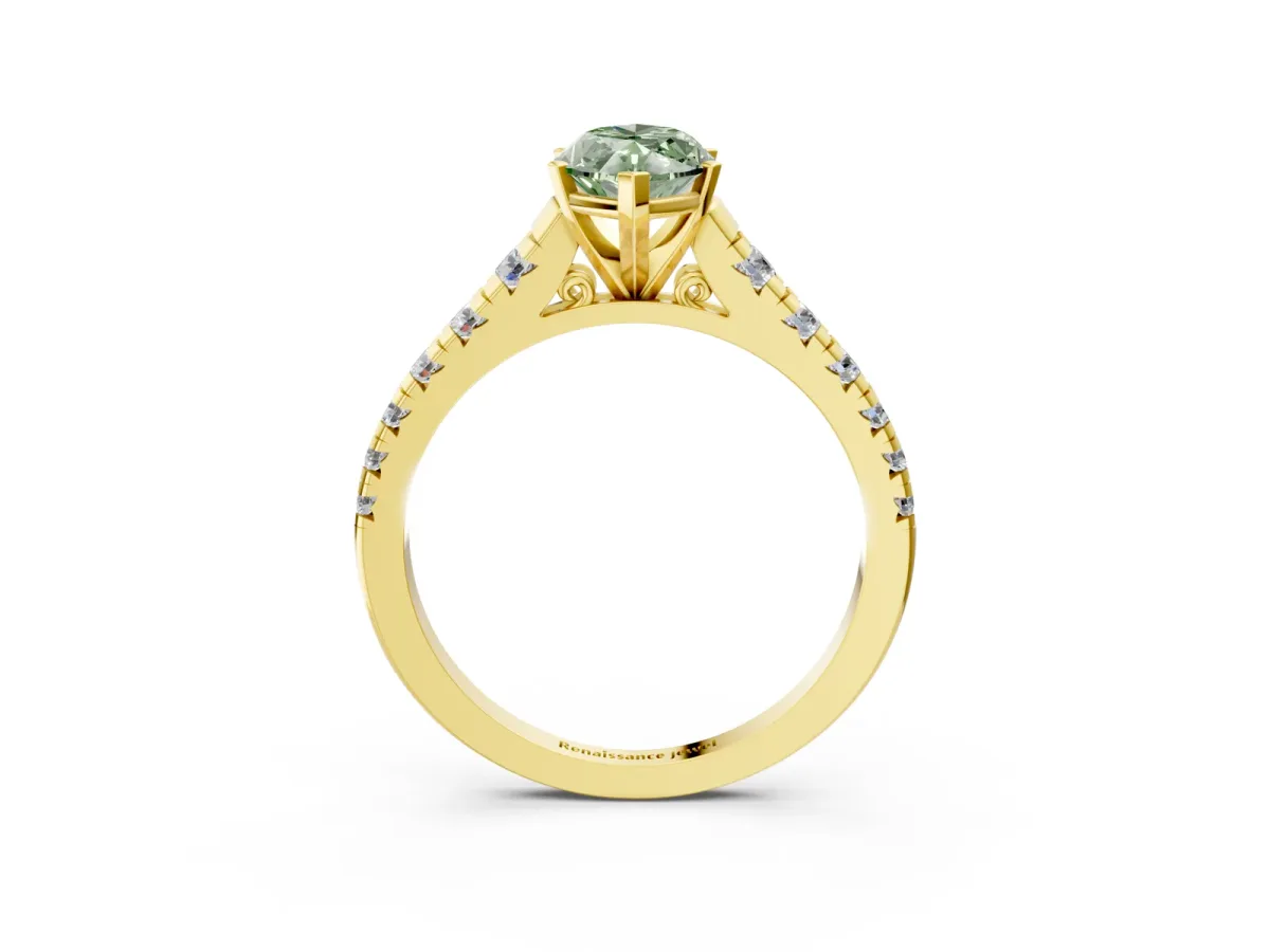 Fancy Green Marquise Cut Diamond Cathedral Solitaire Ring with Round Pavé Band Yellow gold
