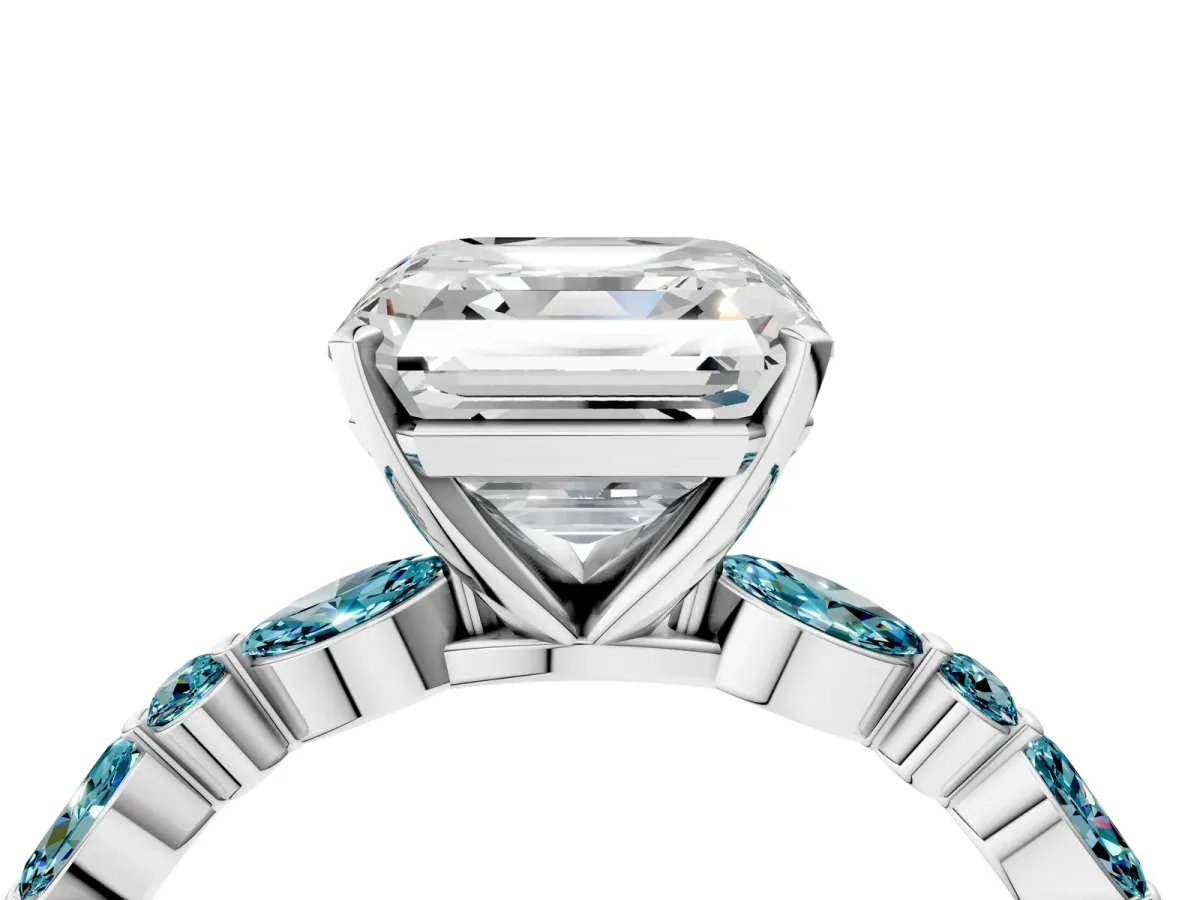 Asscher Cut Diamond Ring with Marquise and Round Blue Topaz Side Stones and Four-Prong Setting Silver