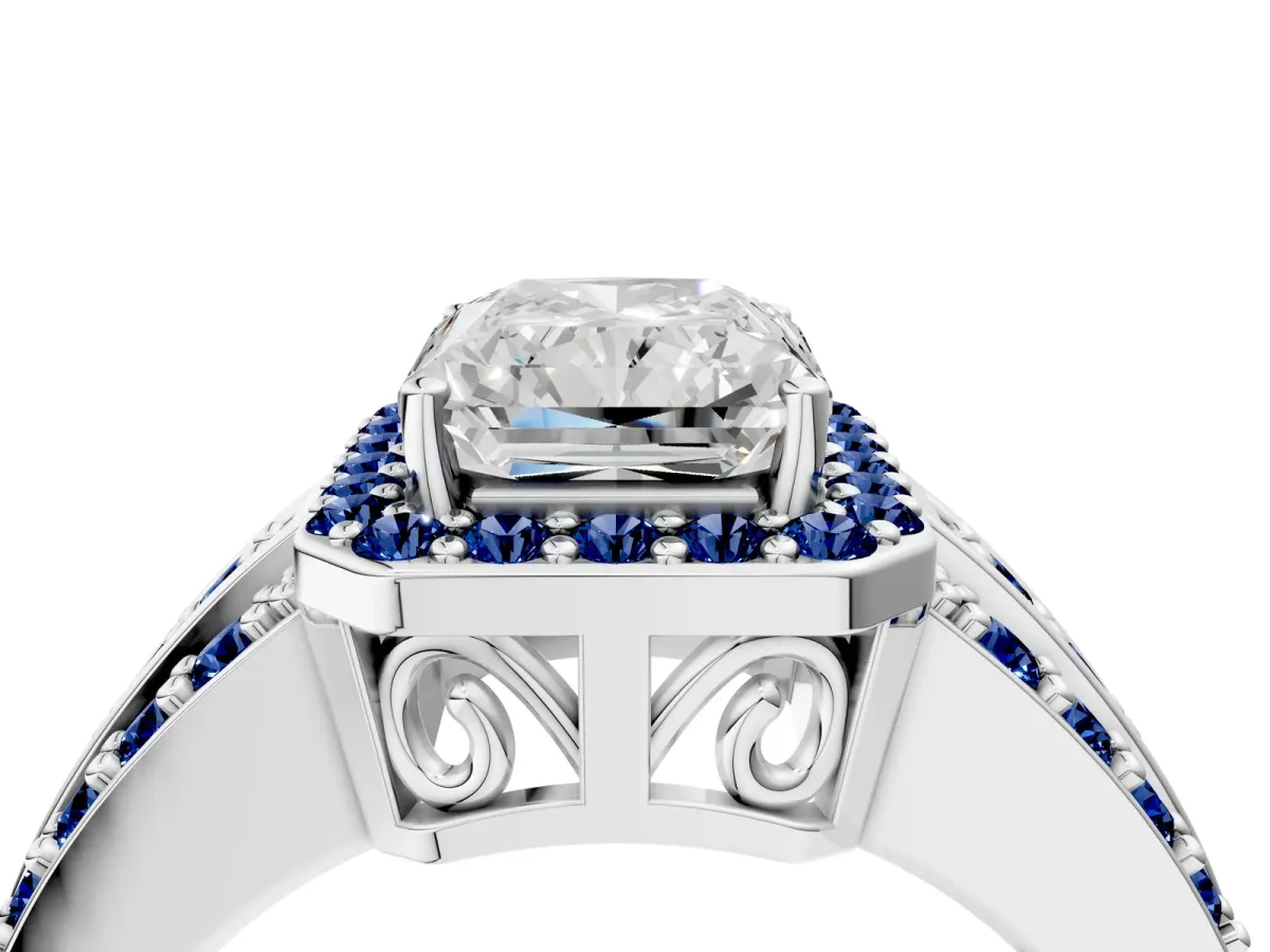 Radiant Cut Halo Diamond Ring with Round Blue Sapphire Split Shank and Prong Setting White gold
