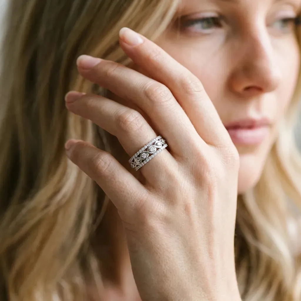 Round Brilliant Diamond Infinity Twist Pave Band with Prong Setting White gold