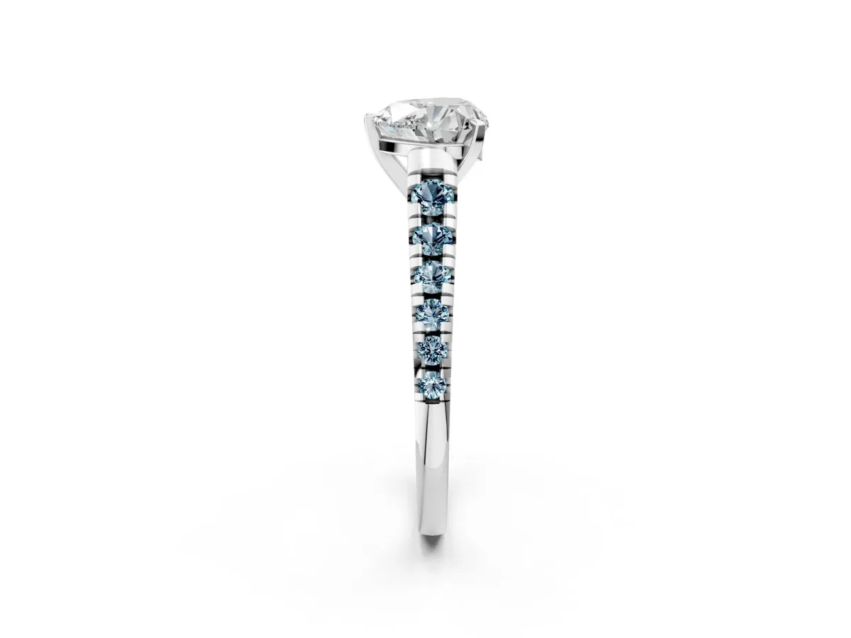 Heart Cut Diamond Cathedral Solitaire Ring with Round Aquamarine Pavé Band Silver