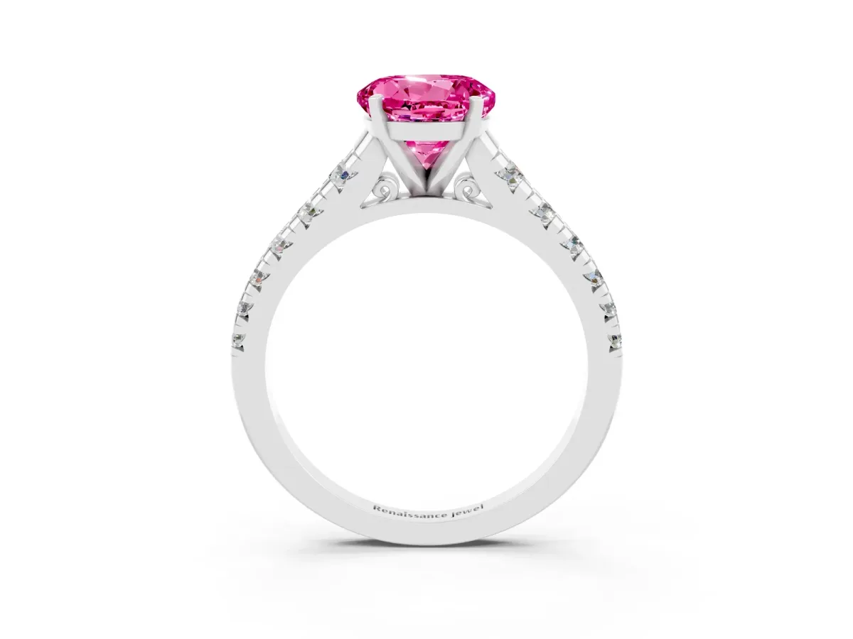 Round Cut Pink Sapphire Cathedral Solitaire Ring with Round Pavé Band Silver
