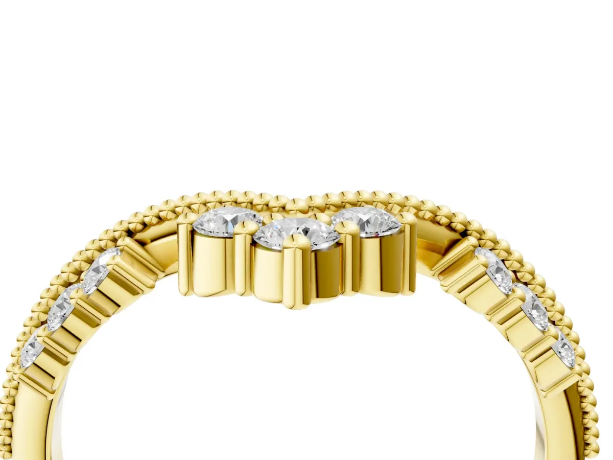 Diamond Chevron Milgrain Band with Round Cut Stones and Prong Setting Yellow gold
