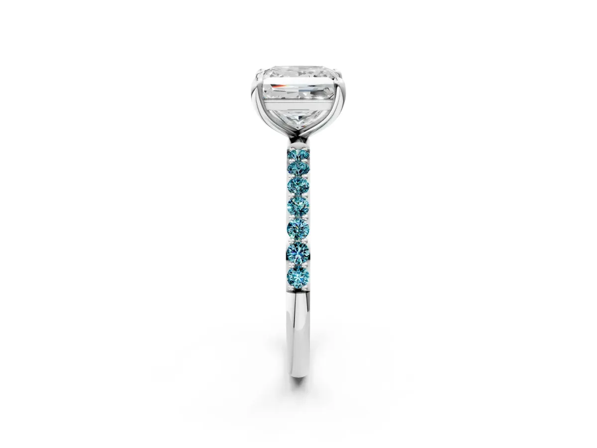 Princess Cut Diamond Solitaire Ring with Round Blue Topaz Pavé Band and Prong Setting Silver