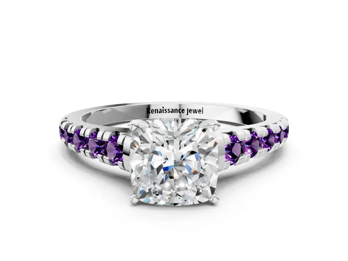 Cushion Cut Diamond Cathedral Solitaire Ring with Round Amethyst Pavé Band Silver