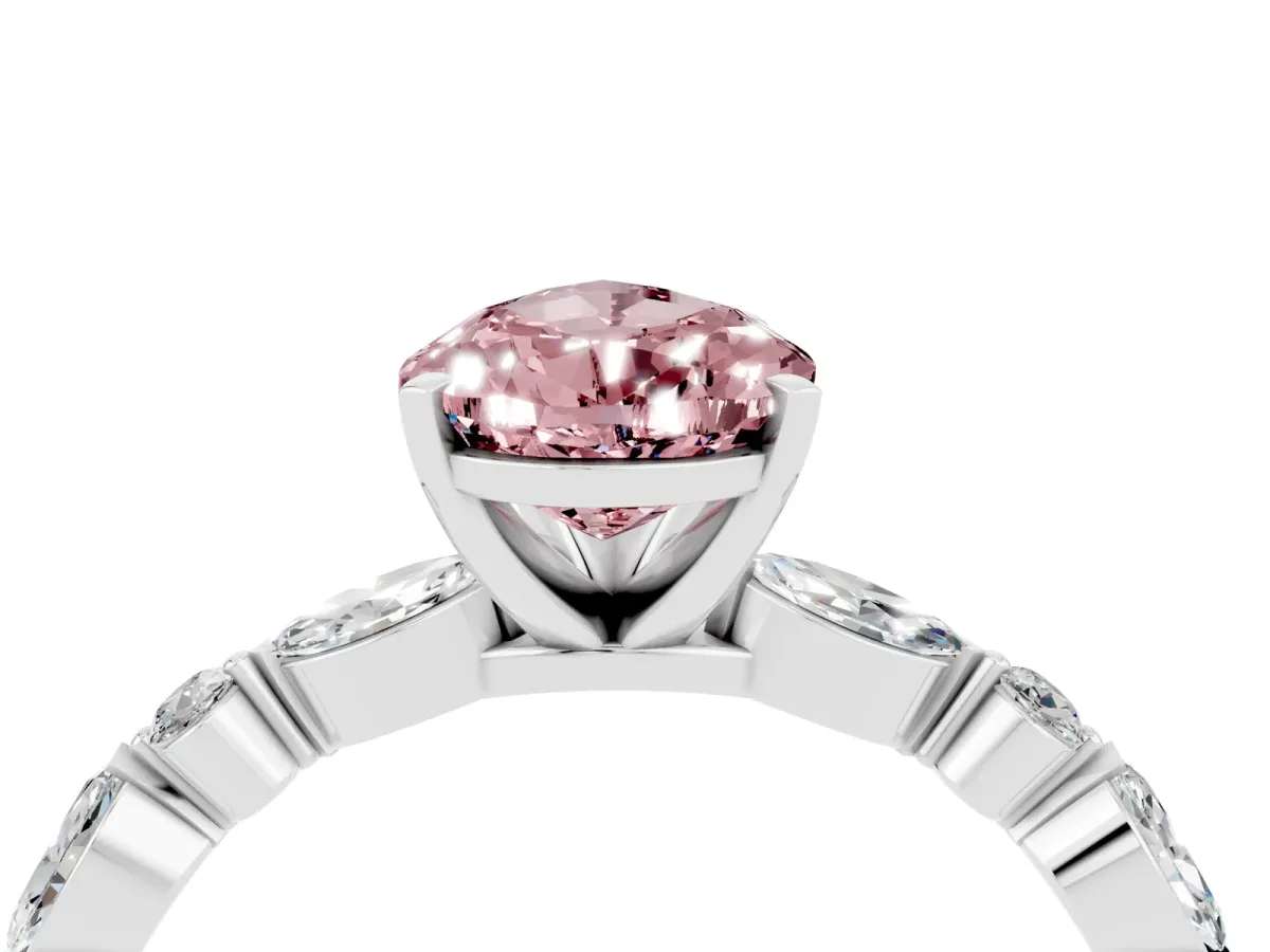 Pear Cut Morganite Ring with Marquise and Round Side Stones and Four-Prong Setting White gold